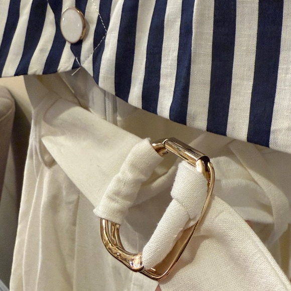 NWT Zara | Belted Linen Dress Waist Cut-out Navy Ivory Nautical coastal vibe - Picture 14 of 16